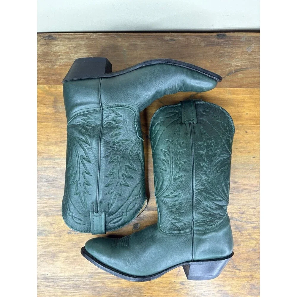 Rare Vintage Nocona Emerald Green Leather Cowboy Boots 9.5D Western Pull On USA